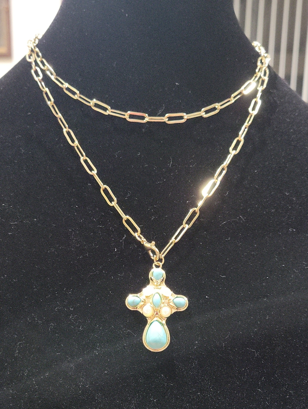 Gold Tone Chain Necklace with Turquoise Cross Pendant